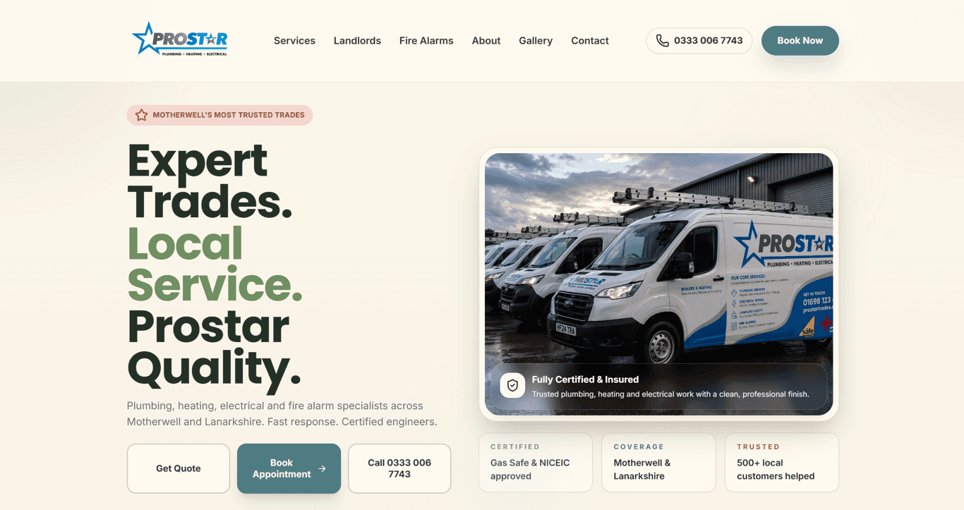 Prostar website desktop view